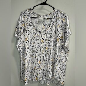 Rachel Zoe 100% Linen Floral Plus Size Blouse Women’s 2X White w/ Navy & Mustard
